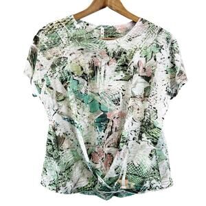 Tryst Womens S T-Shirt‎ Twist Front Round Neck Abstract Green Pink White Active